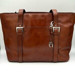 Etienne Aigner Cognac Leather Tote Y2K Horseshoe Logo Work Bag